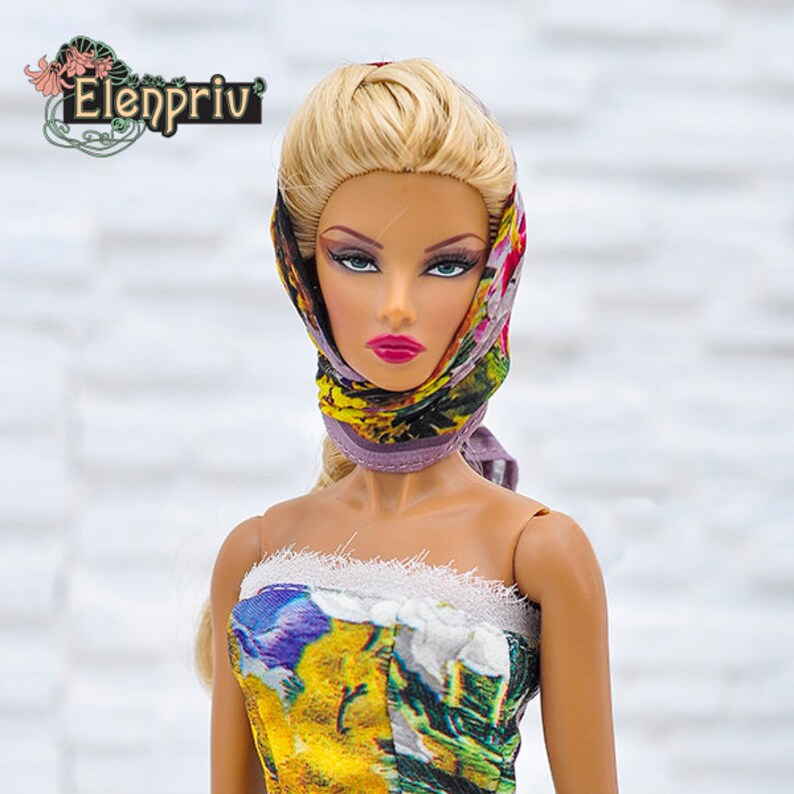 Poppy Parker Silkstone ELENPRIV mimosa printed silk headscarf for Fashion Royalty FR2 Barbie Color Infusion Momoko dolls