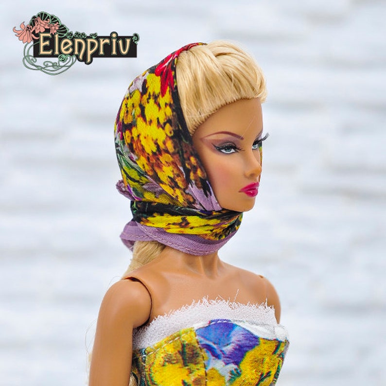 Poppy Parker Silkstone ELENPRIV mimosa printed silk headscarf for Fashion Royalty FR2 Barbie Color Infusion Momoko dolls