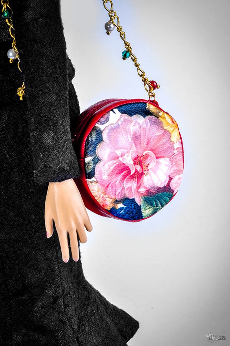 ELENPRIV round red leather with floral print bag for Fashion royalty FR:16 Tulabelle Tonner Poppy Parker 16 Sybarite Numina Kingdom dolls