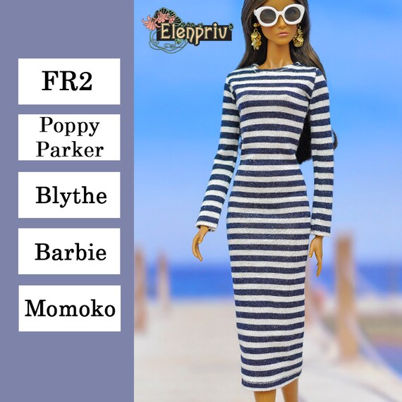 dark blue and white striped dress