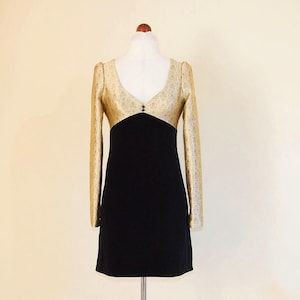 1960s Mini Dress, Black Velvet/Gold Brocade Womens 70s Aline Mod Dress, Long Sleeves, Cocktail Dress