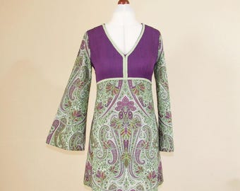 60s Mini Dress, Long Bell Sleeve Purple Paisley A Line V Neck 70s Hippie Dress