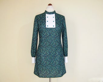 60er Jahre Mod Kleid, Mini A-Linie Grün Floral Latz Langarm Etuikleid