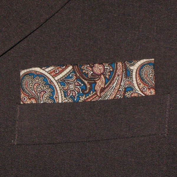 Paisley Pocket Square, Mens Cotton Handkerchief, Teal & Brown