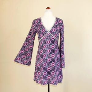 60s Mini Dress, Purple Cotton Summer Floral 70s Hippie Boho Dress, Bell Sleeves