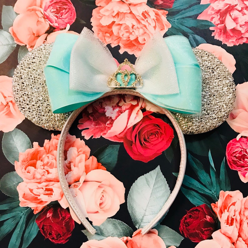 Beautiful Princess Aqua Mint Green Tiara Crown Bow inspired Silver Sparkle Minnie Mouse Headband Ears