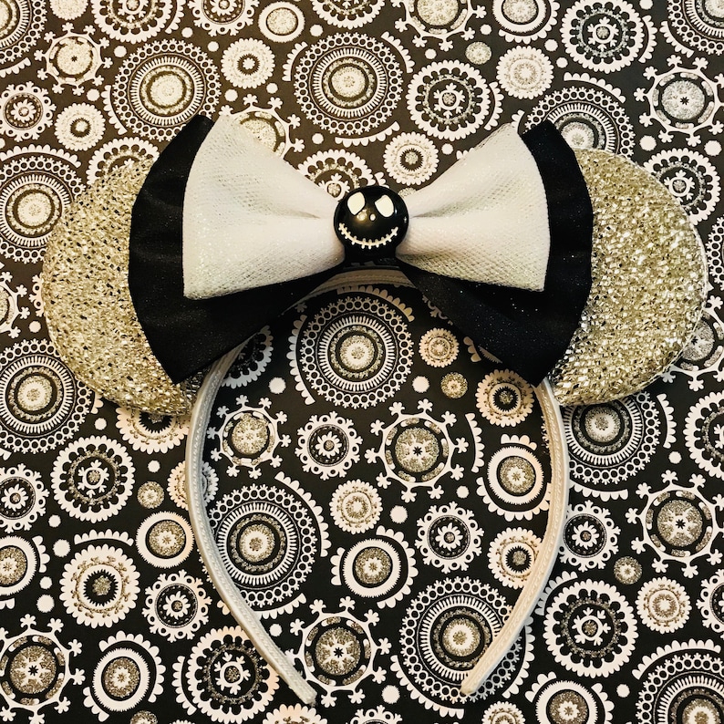 Cute Jack Skellington Nightmare Before Christmas inspired Silver Sparkle Minnie Mouse Headband Ears