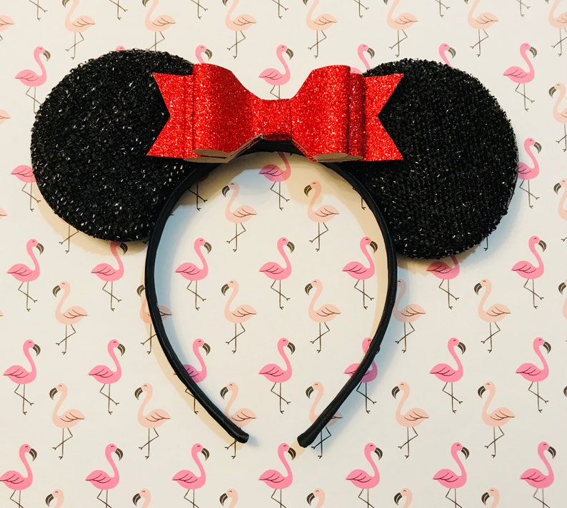 Cute Red Glitter Bow inspired Black Sparkle Minnie Mouse Headband Ears