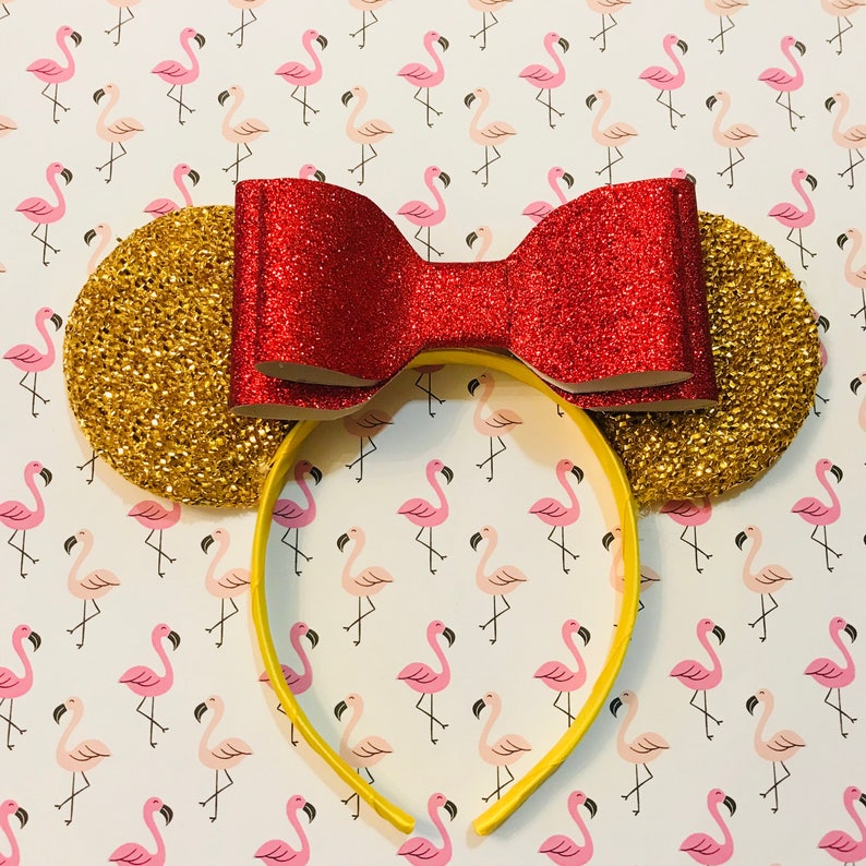 Beautiful Red Glitter Beauty and The Beast Bow inspired Gold Sparkle Minnie Mouse Headband Ears