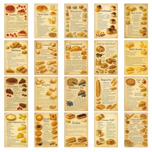 May include: A collection of twenty rectangular recipe cards featuring illustrations of various desserts and pastries including raspberry tart, macaron, apple strudel, baklava, cannoli, croissant, baguette, and lemon meringue pie with printed text.
