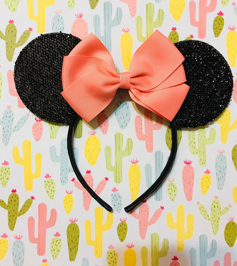 Cute Fashion Peach Coral Bow inspired Black Sparkle Minnie Mouse Headband Ears