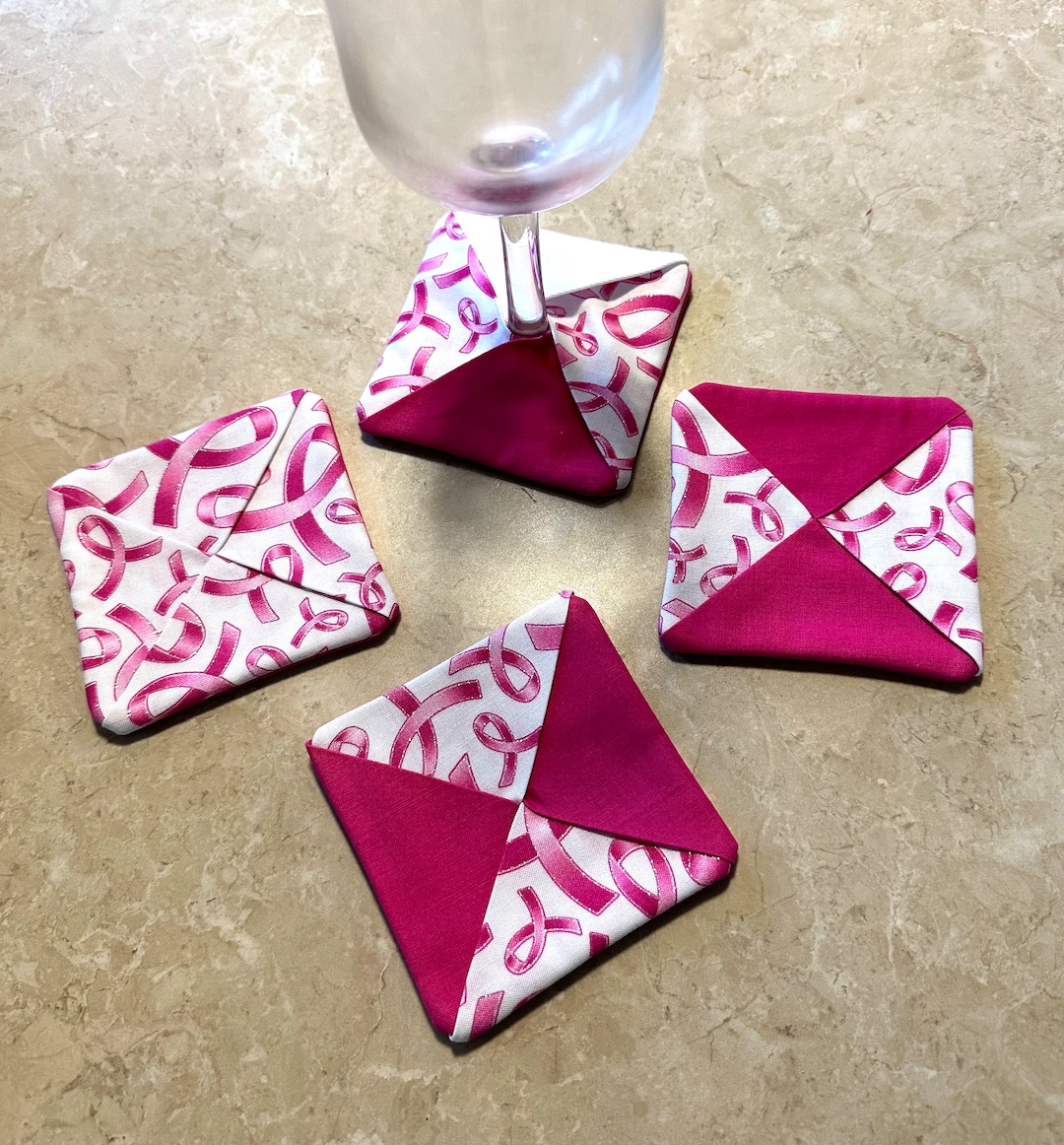 Pink Ribbon Wine Glass Coasters, Breast Cancer Theme Gift, Set of 4 ...