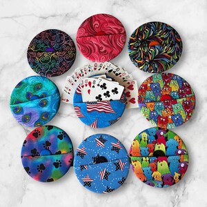 POCKET Playing Card Holder, Card Organizer with Recycled CD’s, Handmade, Flags, Cats, Dogs, Splash, Filigree, Peacocks and more