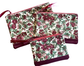 Red Flower Fabric Zipper Bag, Floral Zipper Pouch, Coin Purse, Choice of Sizes, Purse Organizer