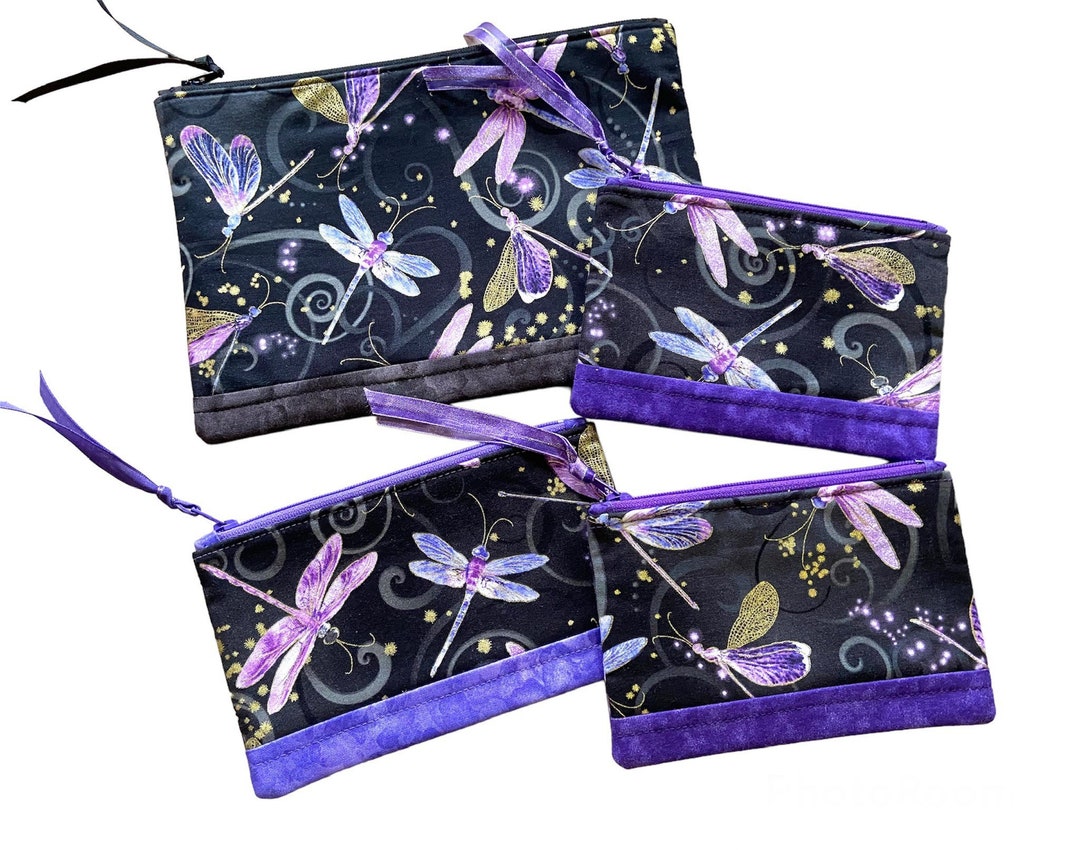 Dragonfly Fabric Zipper Coin Purse, Small Travel Bag, Handmade