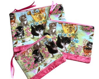Kitten Fabric Zipper Bag, Kitten Lover Gift, Child’s Coin Purse, Kitty Cat Padded Zipper Pouch, Choice of Sizes