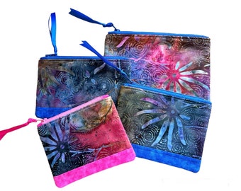 Batik Fabric Zipper Pouch, Padded Zipper Bag, Gift for Women, Travel Bag, Choice of Sizes, Ready to Ship