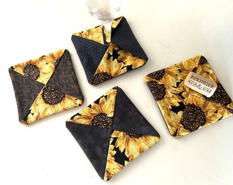 Sunflower Fabric Wine Glass Coasters, Mothers Day Gift, Set of 4, Handmade New Coasters