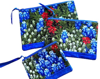 Bluebonnet Fabric Zipper Bag, Blue Floral Coin Purse, Any Occasion Gift, Padded Zipper Pouch