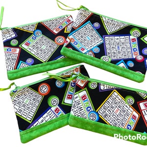 Green Bingo Zipper Pouch, Bingo Fabric, Bingo Gift for Women, Ready to Ship, Bingo Bag Accessory, Choice of Sizes