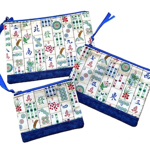 Blue Mahjong Fabric Zipper Bag, Mah Jongg Gift, Ready to Ship, Handmade Padded Zipper Pouch, Coin Purse, Choice of Sizes