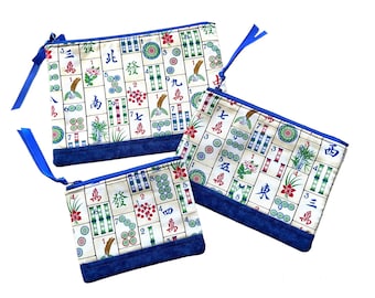 Blue Mahjong Fabric Zipper Bag, Mah Jongg Gift, Ready to Ship, Handmade Padded Zipper Pouch, Coin Purse, Choice of Sizes