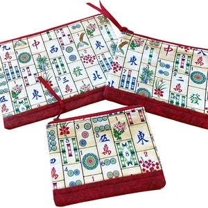 Mah Jongg Fabric Zipper Bag, Red Mahjong Gift, Handmade Padded Zipper Pouch, Ready to Ship, Choice of Sizes