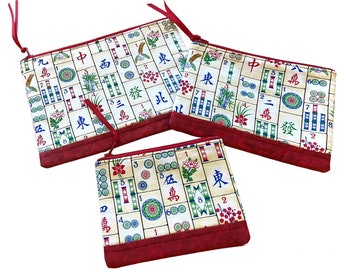 Mah Jongg Fabric Zipper Bag, Red Mahjong Gift, Handmade Padded Zipper Pouch, Ready to Ship, Choice of Sizes