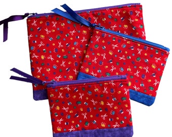Sewing Accessory Fabric Zipper Pouch,  Quilter Gift, Padded Zipper Bag, Red Coin Purse, Choice of Sizes