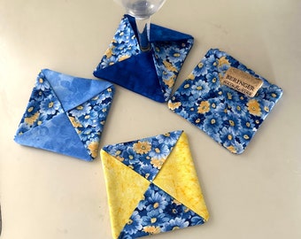 Blue/Yellow Flower Fabric Wine Glass Coasters, Mothers Day Gift, Set of 4, Handmade New Coasters