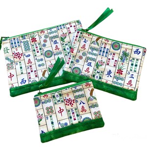 Green Mahjong Fabric Zipper Pouch, Mah Jongg Gift, Handmade Padded Zipper Bag, Ready to Ship, Coin Purse, Choice of Sizes