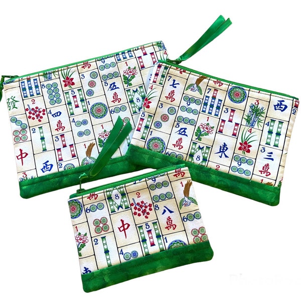 Green Mahjong Fabric Zipper Pouch, Mah Jongg Gift, Handmade Padded Zipper Bag, Ready to Ship, Coin Purse, Choice of Sizes
