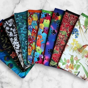 Fabric Cell Phone Pouch, Handmade Phone Case, EyeGlass Case, Open Sleeve, Cats, Peacock, Dogs, Hummingbirds, Poinsettias