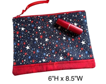 Patriotic Stars Fabric Zipper Pouch, Padded Zipper Bag, Patriotic Gift, Handmade Makeup Bag, 6”H x 8.5”W