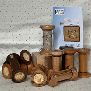 Beautiful "Tiny Town" "Frill" companion Single Hole Spool Scissor Holder for cross stitching finishing in Cherry, Maple and Walnut
