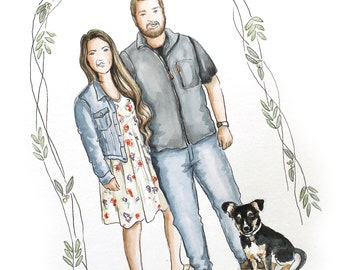 Custom family Portrait / Original hand painted Watercolor Illustration. Wall art. Birthday, Christmas and Anniversary gift for men and women