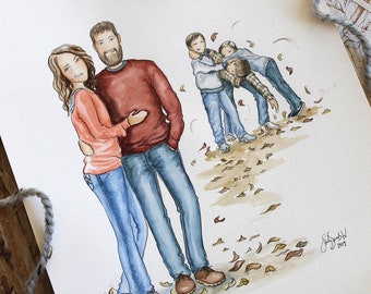 Custom family Portrait / Original hand painted Watercolor Illustration. Wall art, Christmas and Anniversary gift for men and women