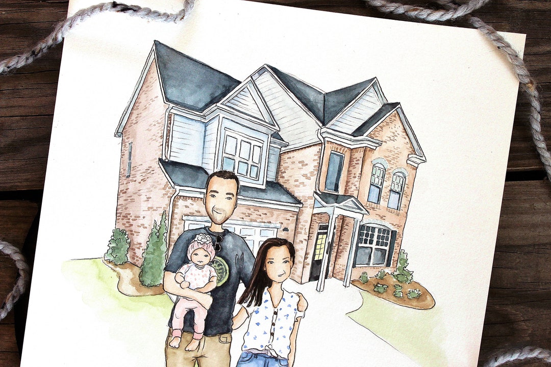 Custom Family and House Portrait / Watercolor Illustration ...