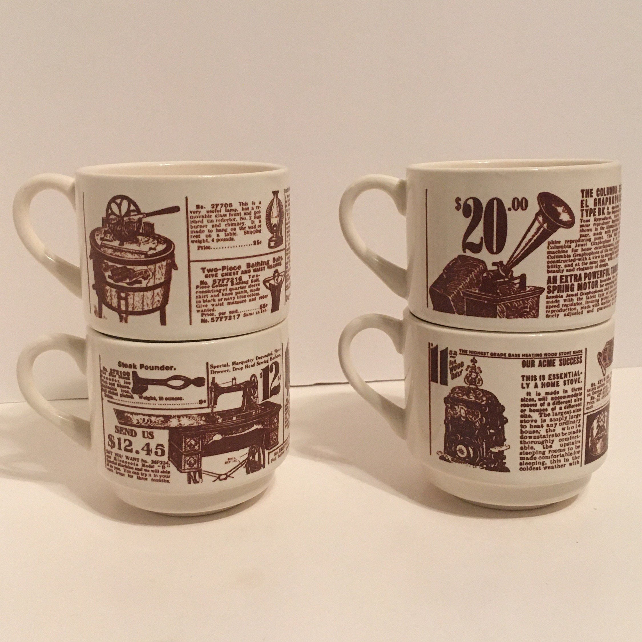 1906 Sears Catalog, Vintage Coffee, Tea Cups; White, Brown, Transfer Ware, Mid Century, USA pottery, Set of Four