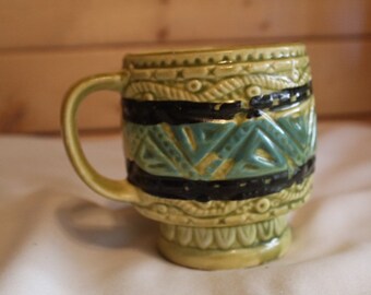 Abstract Art Pottery Mug  mid Century Boho Coffee Cup Lime and Navy Blue