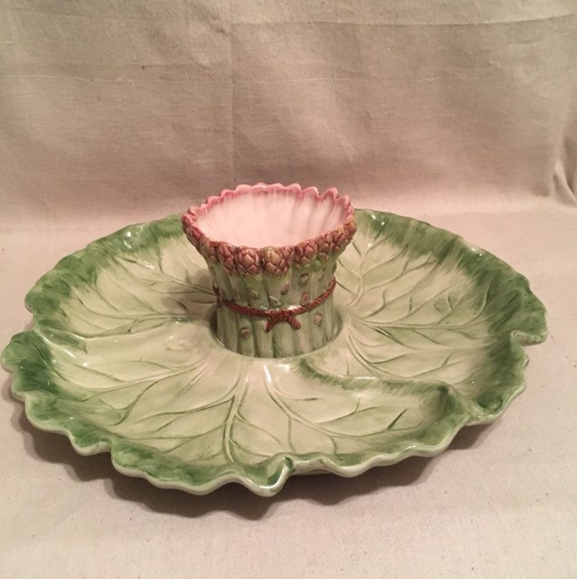 Fitz and Floyd Cabbage Leaf Platter Asparagus Dip Bowl Vintage Etsy
