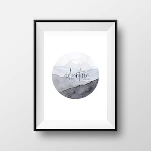 Adventure Awaits Typography Digital Art Print, Landscape Wall Art, Living Room Home Décor, INSTANT DOWNLOAD