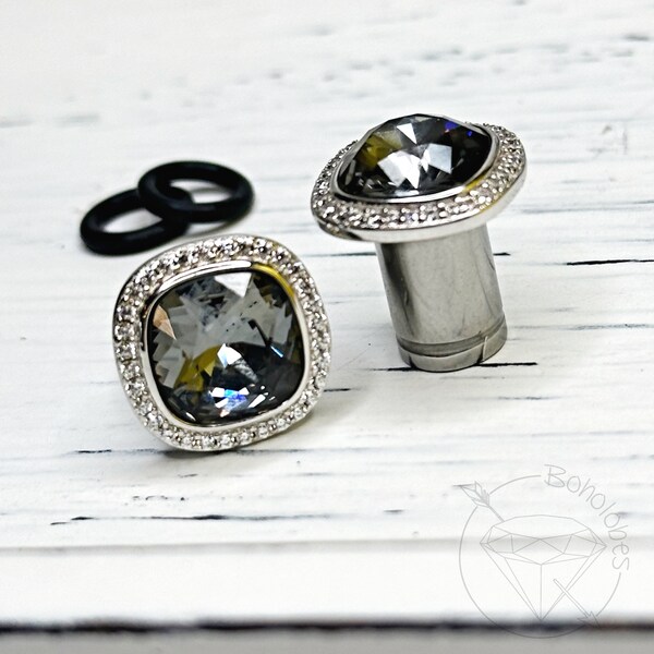 Gray CZ rhinestone crystal plugs Square CZ halo stud wedding bridal plugs: Sizes 4g 2g 0g 11/32” 00g 7/16” 1/2”
