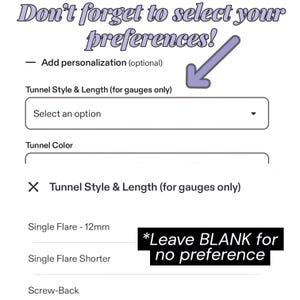 The image is a screenshot of a form that allows the user to customize their preferences for a product, such as a single flare or a shorter version.