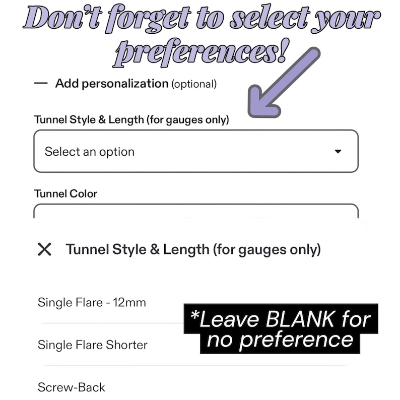 The image is a screenshot of a form that allows the user to customize their preferences for a product, such as a single flare or a shorter version.