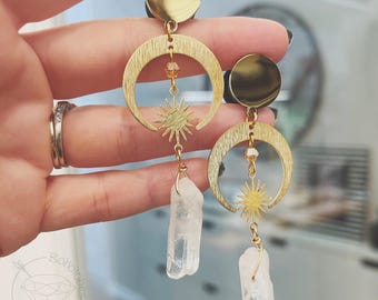 Bohemian crescent moon quartz gold plugs gauges tunnels 8g 6g 4g 2g 1g 0g 11/32” 00g 7/16” 1/2” 9/16” 5/8” 11/13” 3/4” 13/16” 7/8” 1”