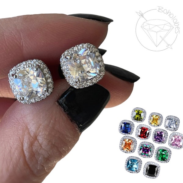 Crystal plugs Square CZ halo stud white gold silver wedding plugs for gauged or stretched ears: Sizes 12g 10g 8g 6g 4g 2g 1g 0g