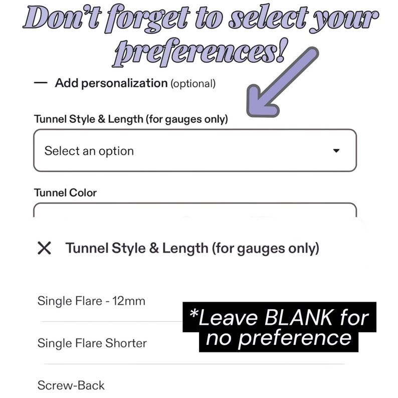 The image is a screenshot of a form that allows the user to customize their preferences for a product, such as a single flare or a shorter version.