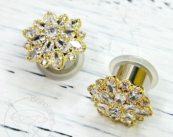 Art deco rhinestone yellow gold steel rose gold plugs gauges 6g 4g 2g 1g 0g 11/32" 00g 7/16" 1/2” 9/16”