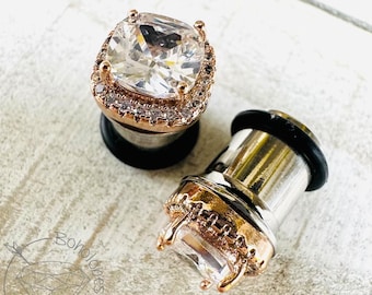 Square CZ Halo Rose Gold Plated Plugs: Wedding Bridal Ear Stretcher Jewelry  6g 4g 2g 1g 0g